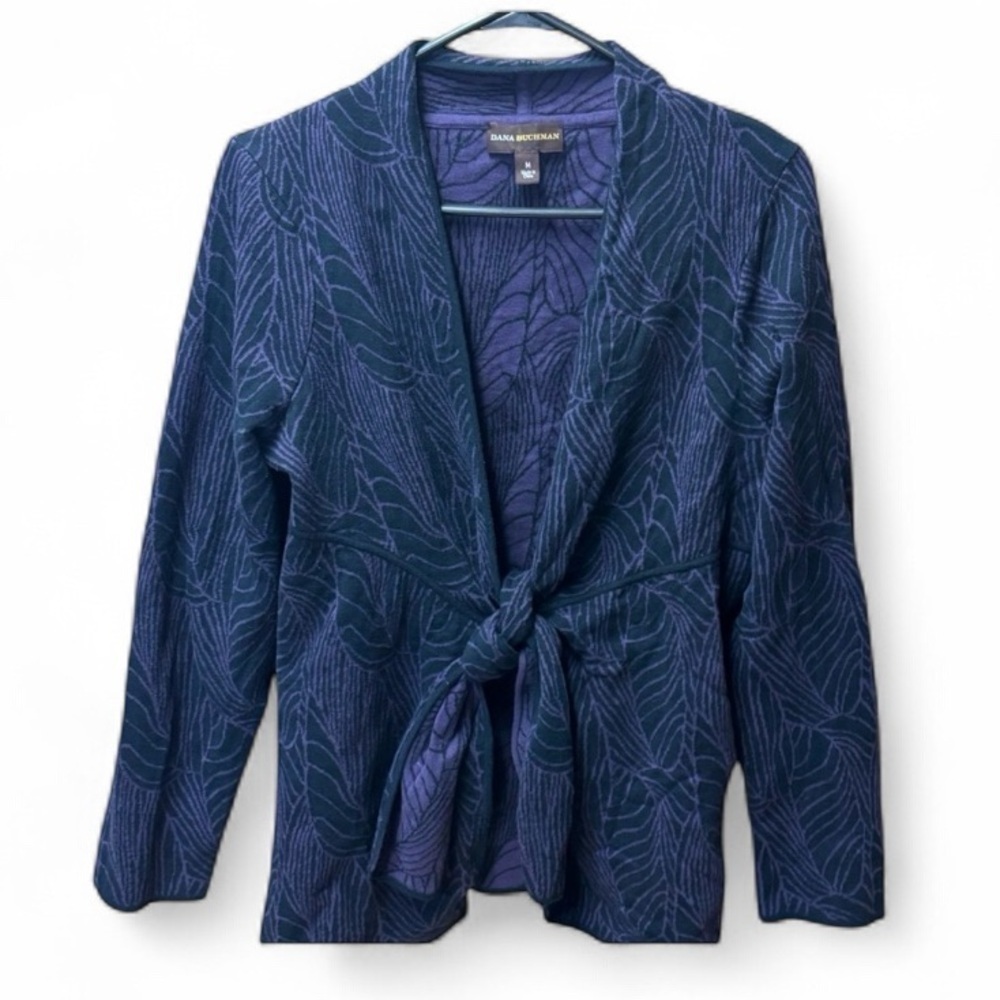 Dana Buchman Purple Black Leaf Print Tie-Front Cardigan – Women’s M 100% Cotton